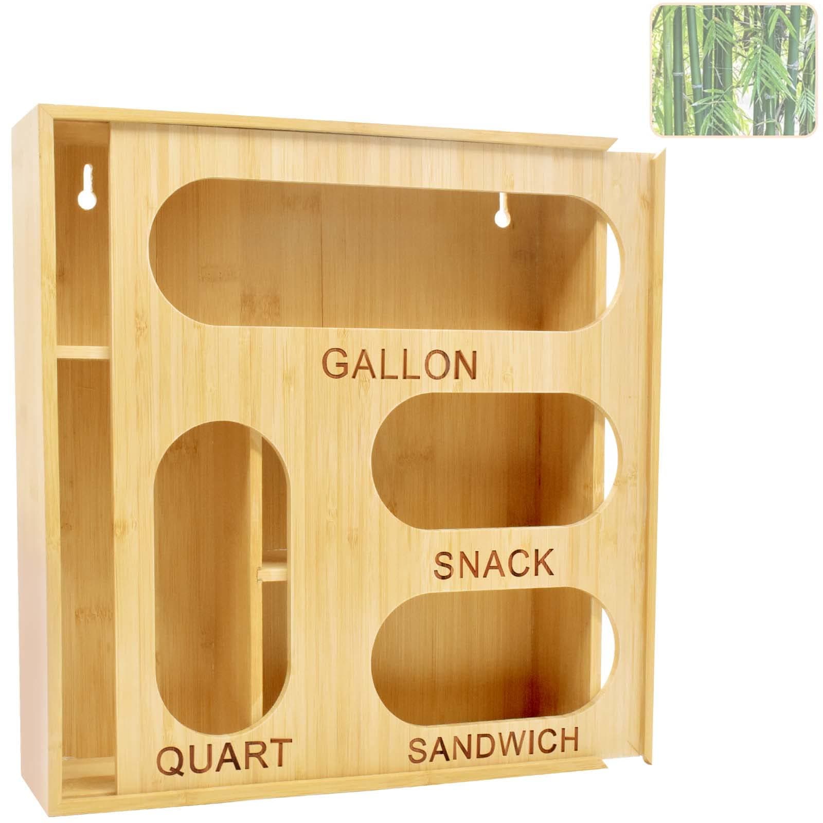 Ziplock Bag Storage Organizer,Upgrade Push-pull Lids Bamboo Food Baggie Holders Dispenser for Kitchen Drawer or Wall Mount, Compatible with Ziploc, Solimo Quart, Gallon, Sandwich and Snack Size