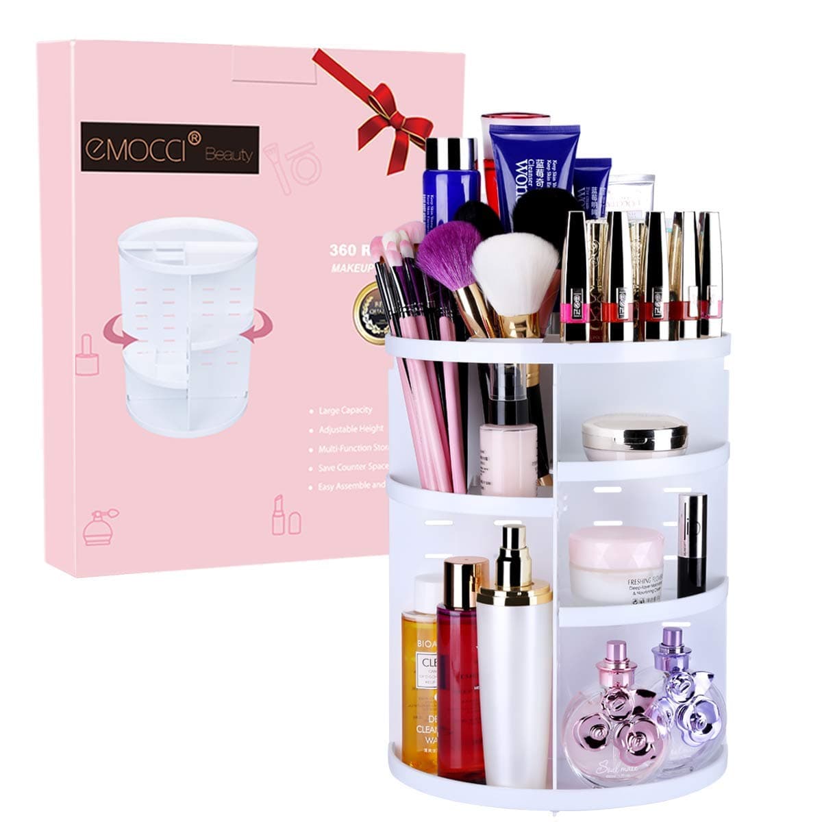 EMOCCI 360 Rotating Makeup Organizer Adjustable Spinning Cosmetic Storage Box Case Large Capacity Make Up Holder Vanity Shelf Fits Counter top Bathroom Kitchen(white)
