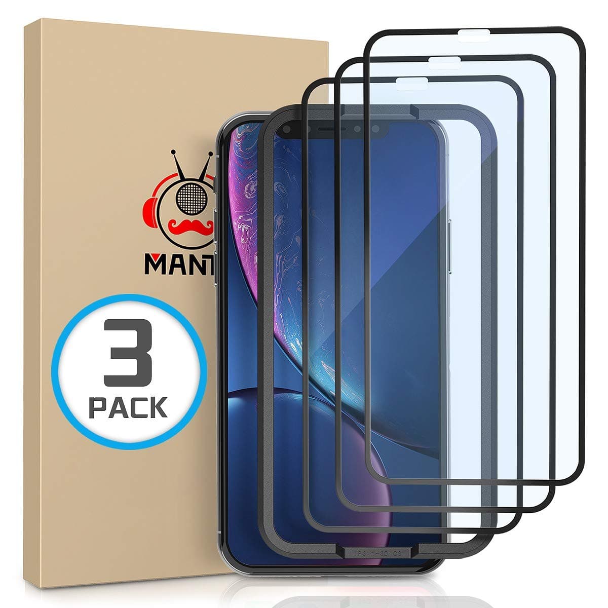 MANTO 3 Pack for iPhone 11, iPhone XR Tempered Glass Screen Protector, HD Clear, Full Coverage Protective Film for iPhone 11, iPhone XR