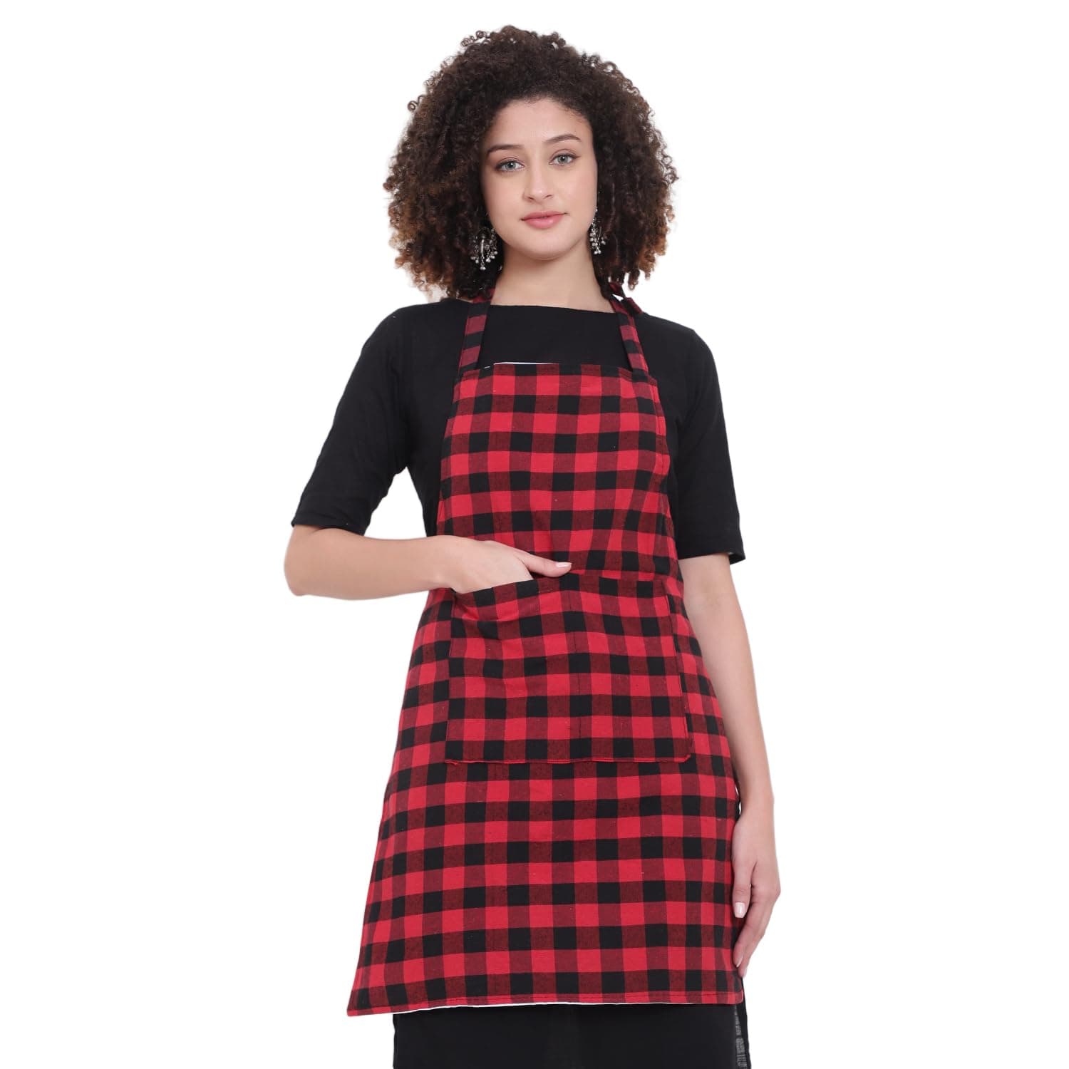 GLUN Waterproof Full Size Unisex Kitchen Checkered Apron with 2 Big Front Centre Pocket and Adjustable Neck Strap (RED-CHECKERED)