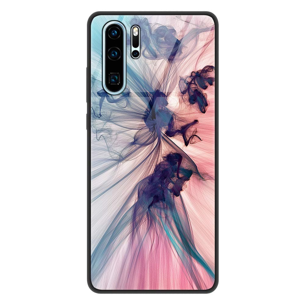 Eouine Huawei P30 Pro Case, [Anti-Scratch] Shockproof Patterned Tempered Glass Back Cover Case with Soft Silicone Bumper for Huawei P30 Pro Smartphone (Pink Smoke)