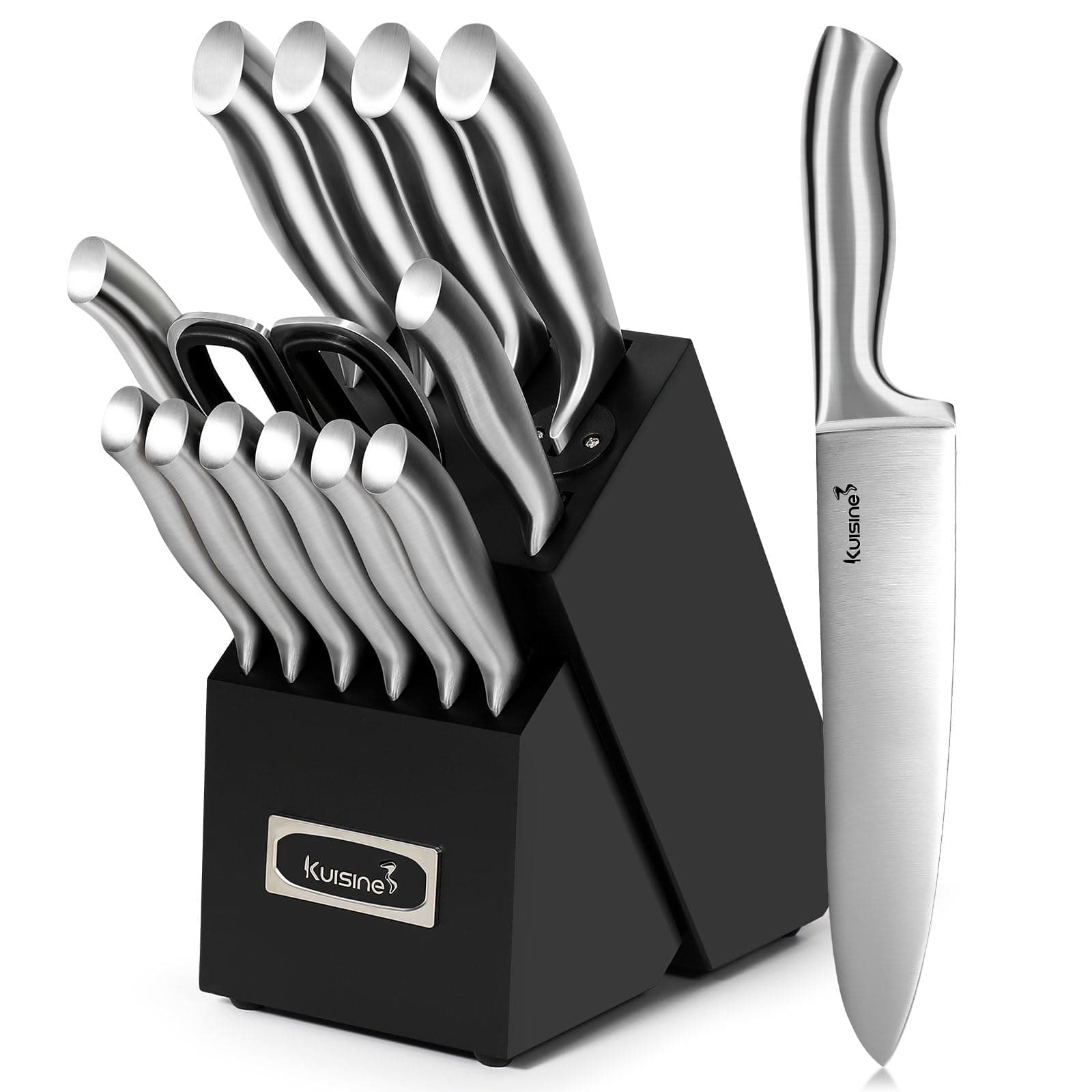 Kuisine Sharp Knife Set,One-piece Molding Kitchen Knife Set,Sharper Blade Ergonomic Non-slip Steel Handle,Block Knife Set Chef Knife Set with Built-in Sharpener(Black,15PCS)