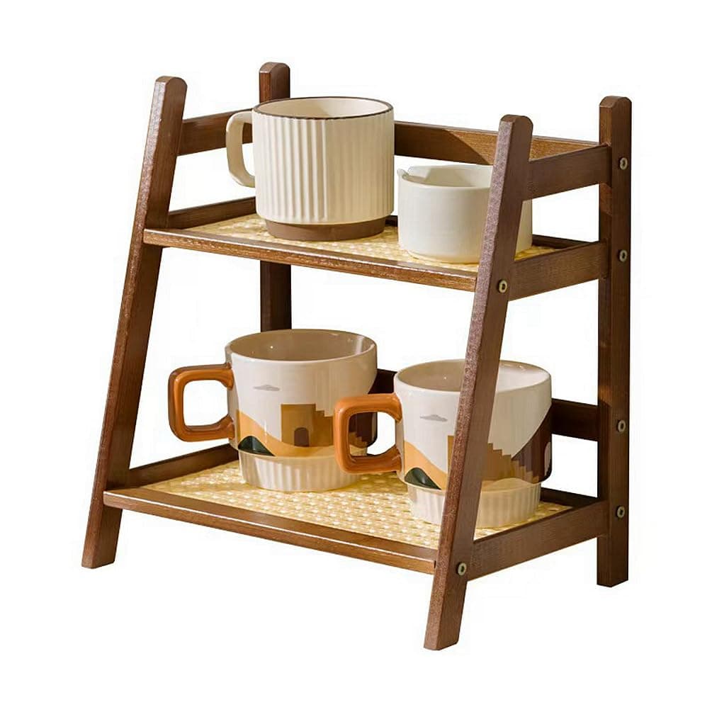 CHEXIY Kitchen Table Spice Rack, Household 2 Tier Mug Storage, Cabinet Coffee Cup, Mug Asphalt Shelf, Simple Bamboo Flower Holder Bookshelf (Brown, S)