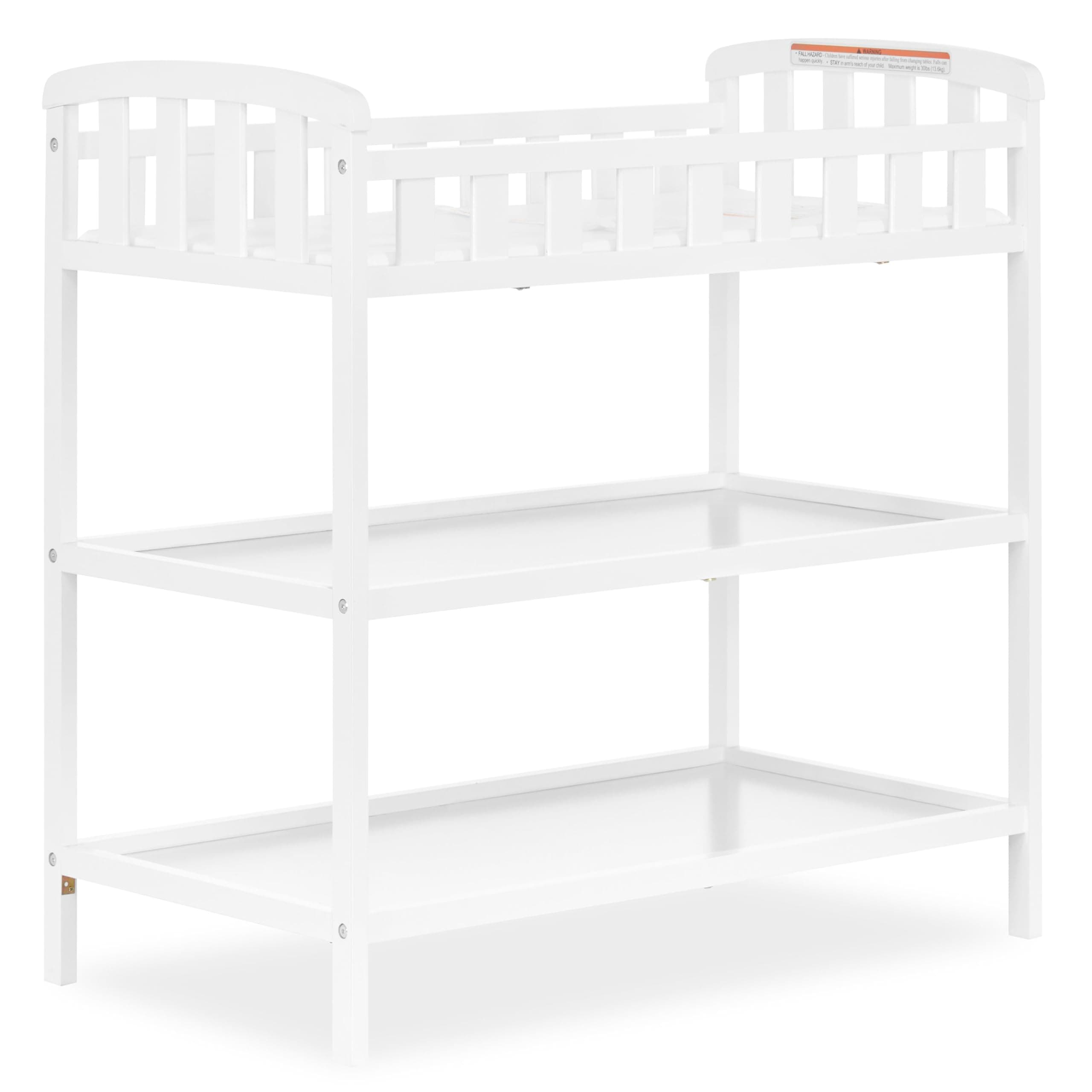 Dream On Me Emily Changing Table, Compact and Lightweight, Solid New Zealand Pinewood, Elevated Safety Rails, Two Storage Shelves, Includes Water-Resistant 1" Changing Pad — White