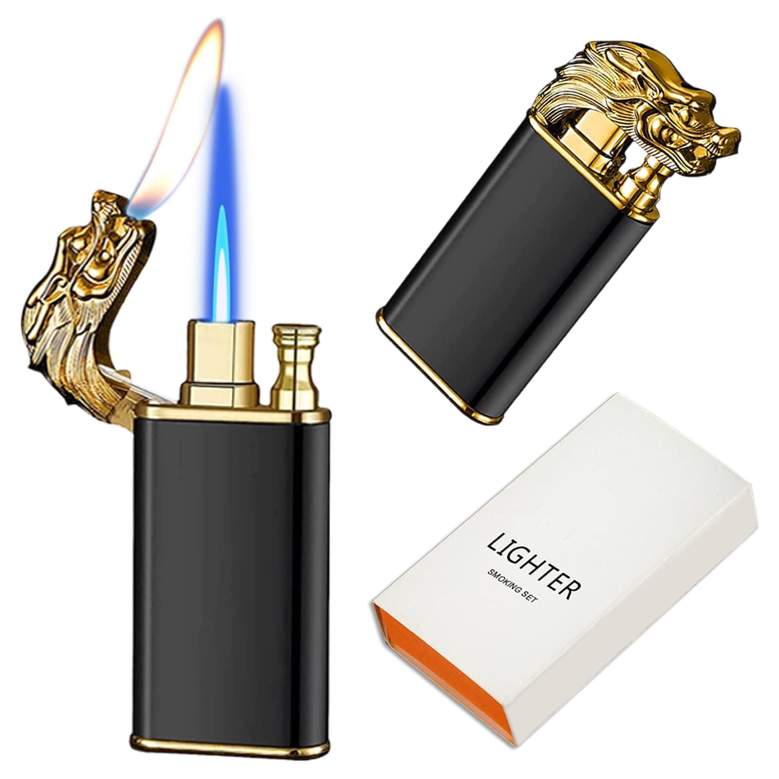 Magic Dual Flame Dragon Lighter, Cool Dragon Dual Flame - Windproof Adjustable Jet Flame and Soft Flame, Refillable Butane Lighter for Outdoor Indoor(Without Butane)-Black