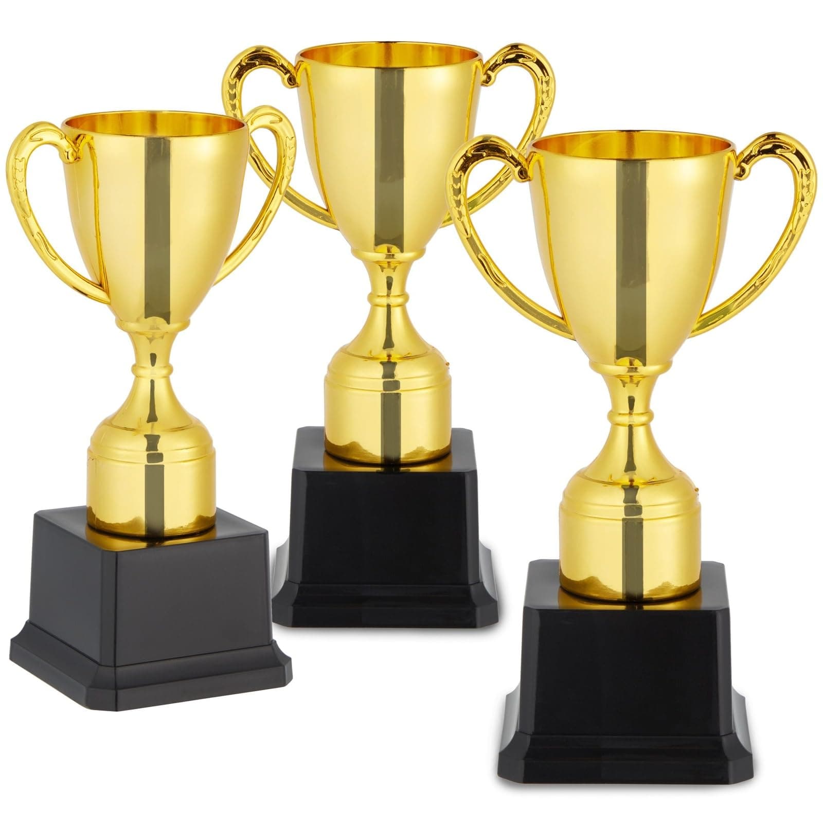 Blue Panda Trophy Award Cup Set - 3-Pack, 7-Inch Gold Plastic Cups - Mini Participation Trophies for Kids