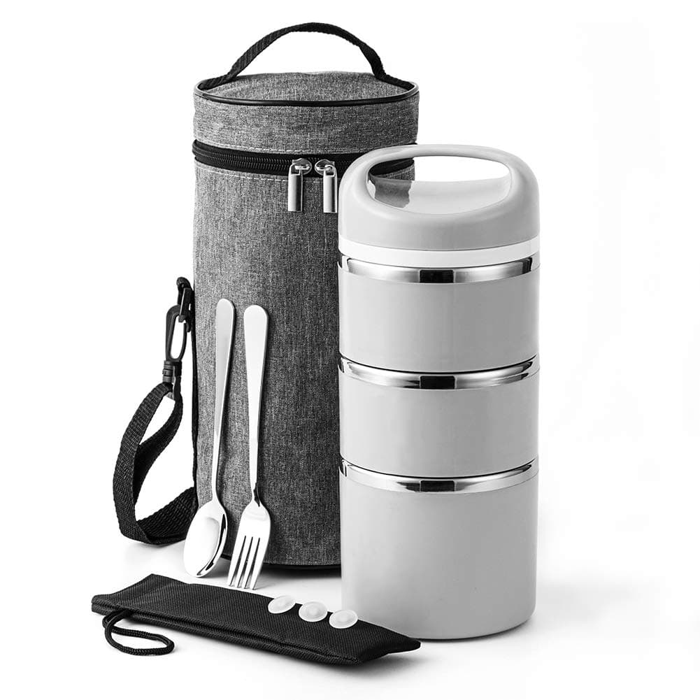 Lille Home Stackable Stainless Steel Thermal Compartment Lunch/Snack Box, 3-Tier Insulated Bento/Food Container with Lunch Bag, Fork & Spoon, Smart Diet, Weight Control, 43 OZ, Grey