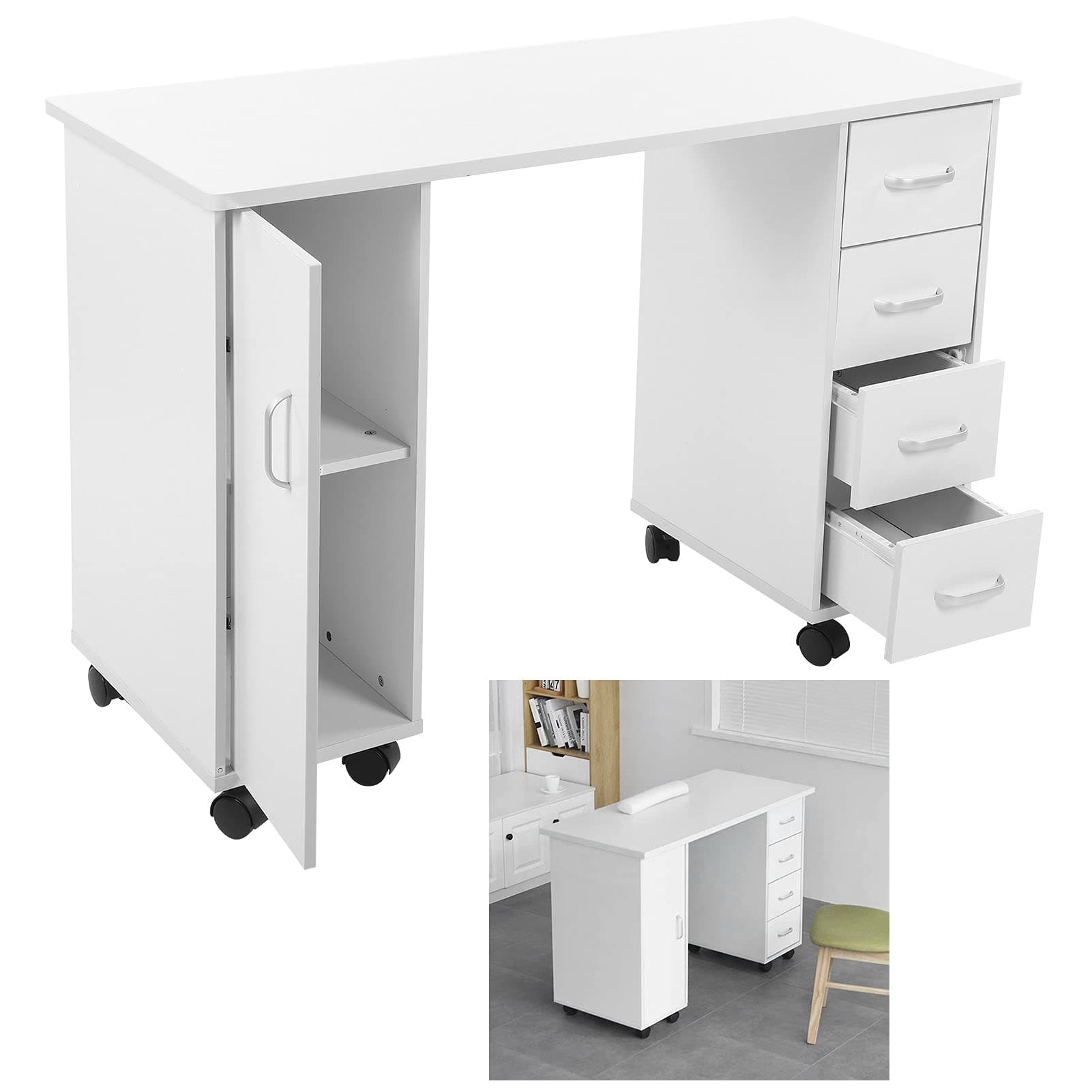 Desk, Movable Spacious Storage Space Manicure Nail Table 4 Drawers for Salon