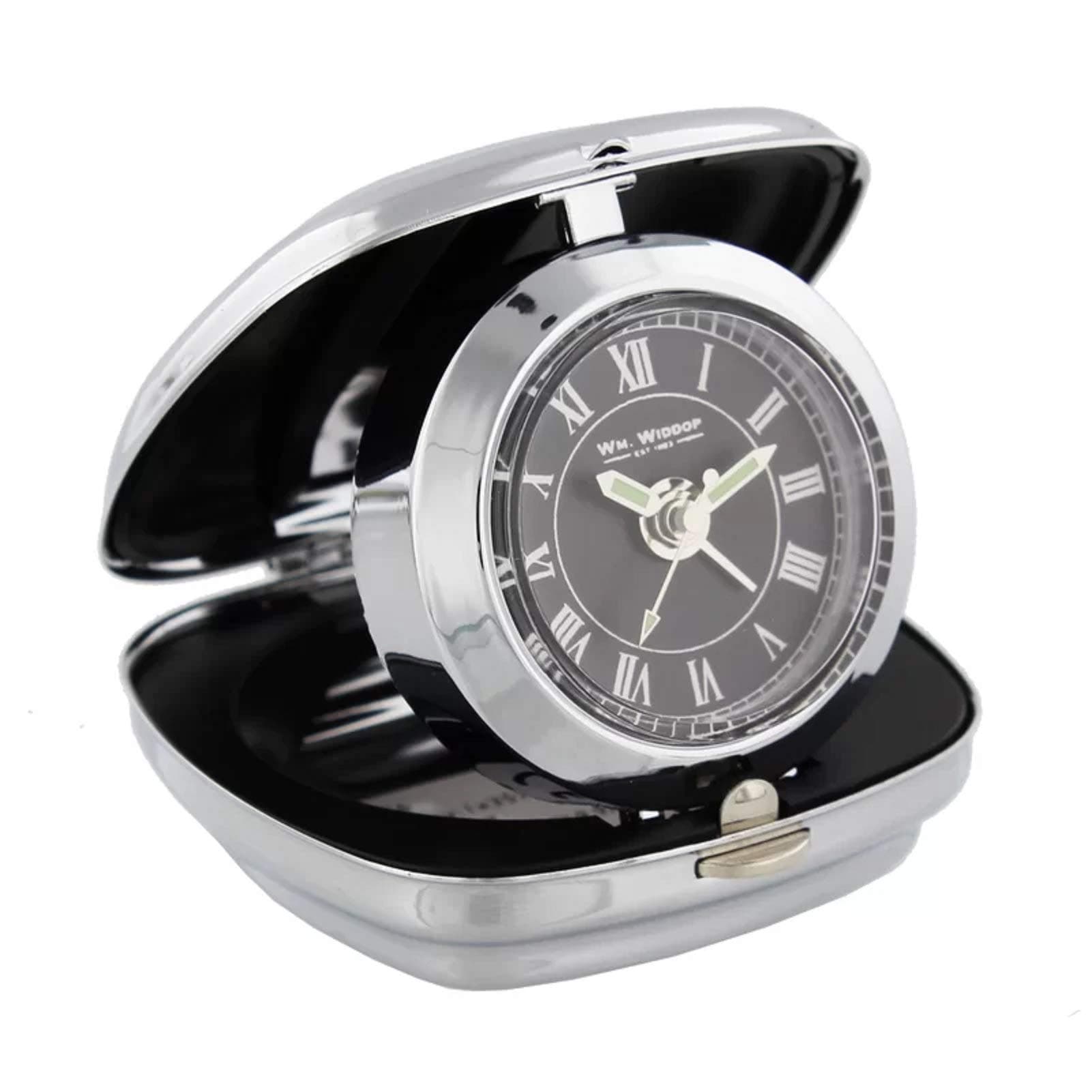 W M Widdop Unisex Small Silver Chrome Black Dial Compact Travel Alarm Clock 9726