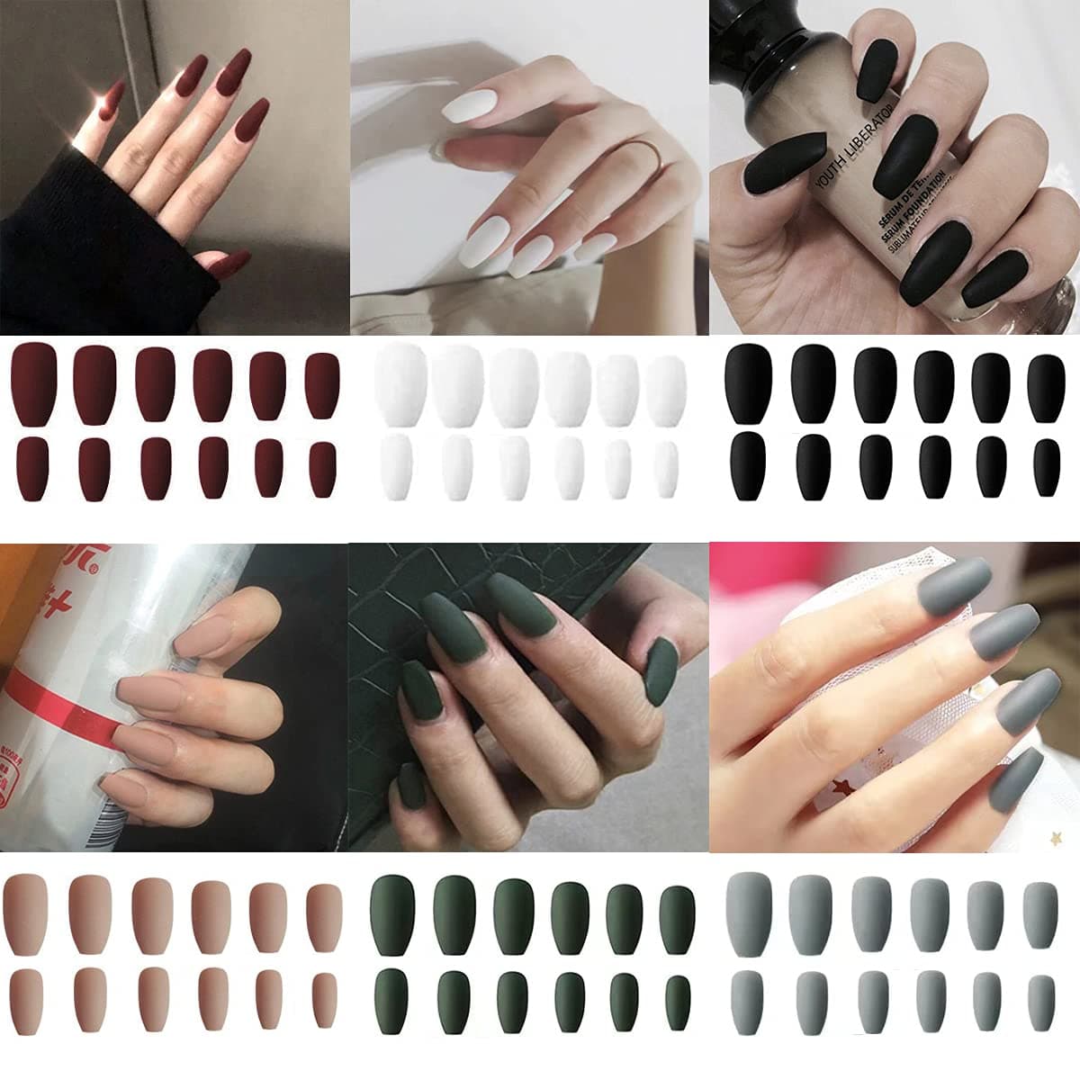 6 Packs (144 Pcs) Matte Coffin Press on Nails Medium Length, Acrylic Short False Nails Full Cover Set Artificial Nails Fake Solid Color with Glue Nail File for Women