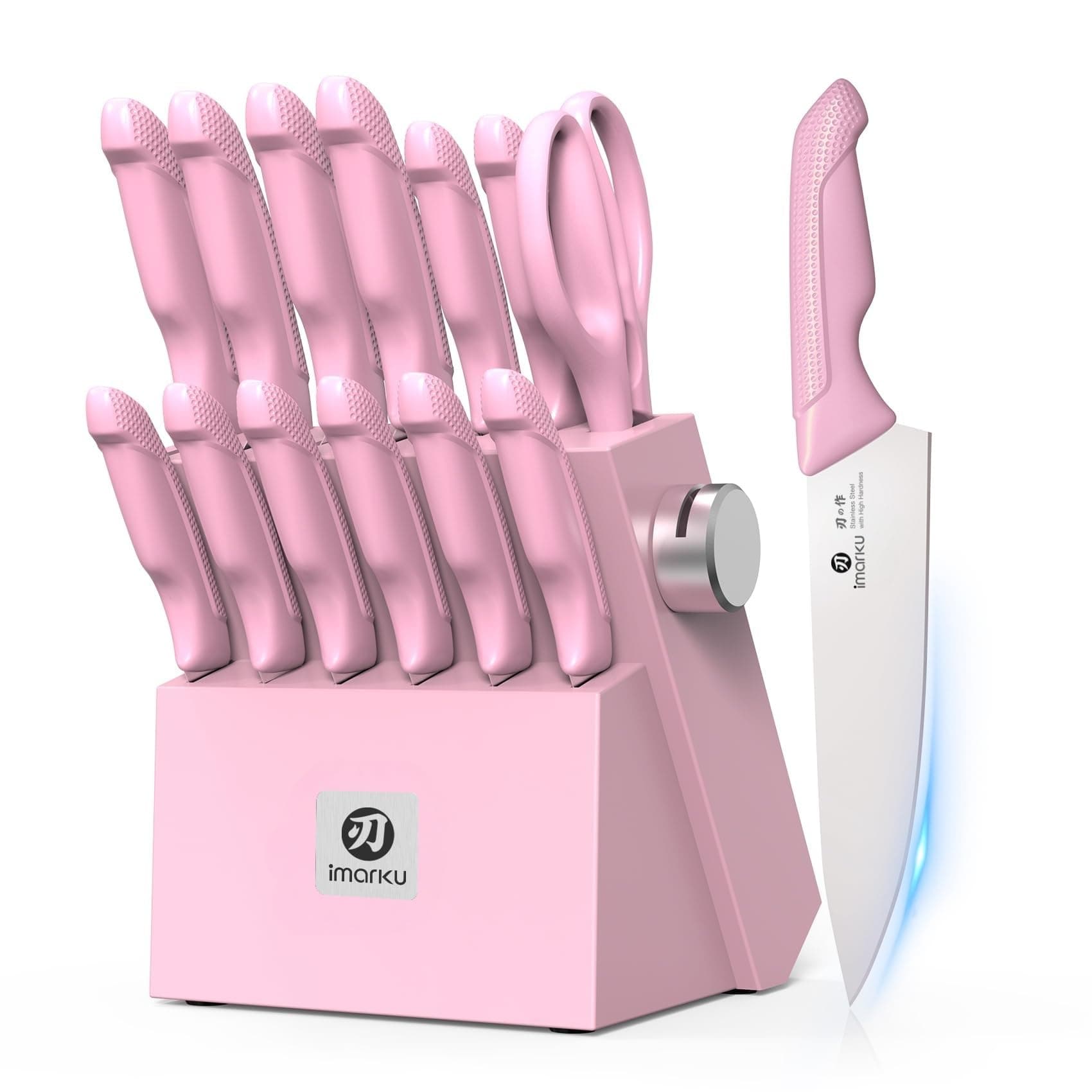 imarku Knife Set with Block, Sharp Knife Set with Built-in Sharpener, Japanese Stainless Steel Kitchen Knife Set with Non-Slip Ergonomic Handle, Dishwasher Safe, Valentine's Day Gifts, 14 PCS, Pink