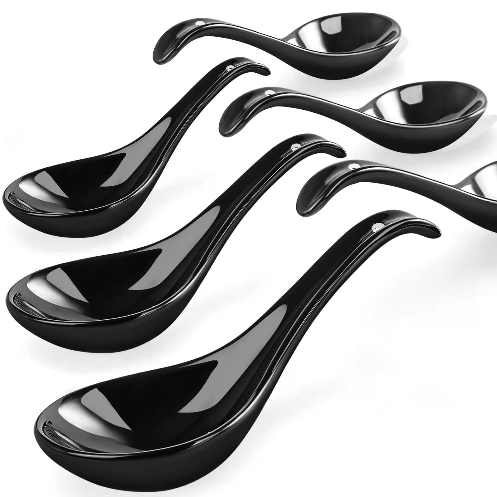 Black Ceramic Soup Spoons Set, 6.75 inch Deep Oval Hook Design, Dishwasher Safe - Perfect for Ramen, Pho, Noodles, Stews, Wonton, Dumpling, Miso