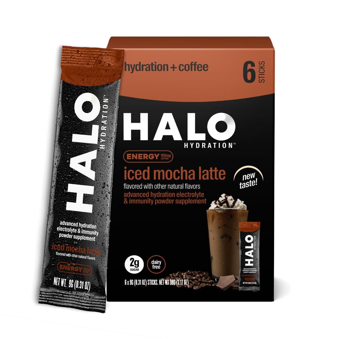 HALO Hydration – Electrolyte Energy Drink Mix | Hydration Powder Packets | Iced Mocha Latte Flavor, Healthy Skinny Coffee | Low Sugar | Easy Open Single Serving Stick | 6 Sticks