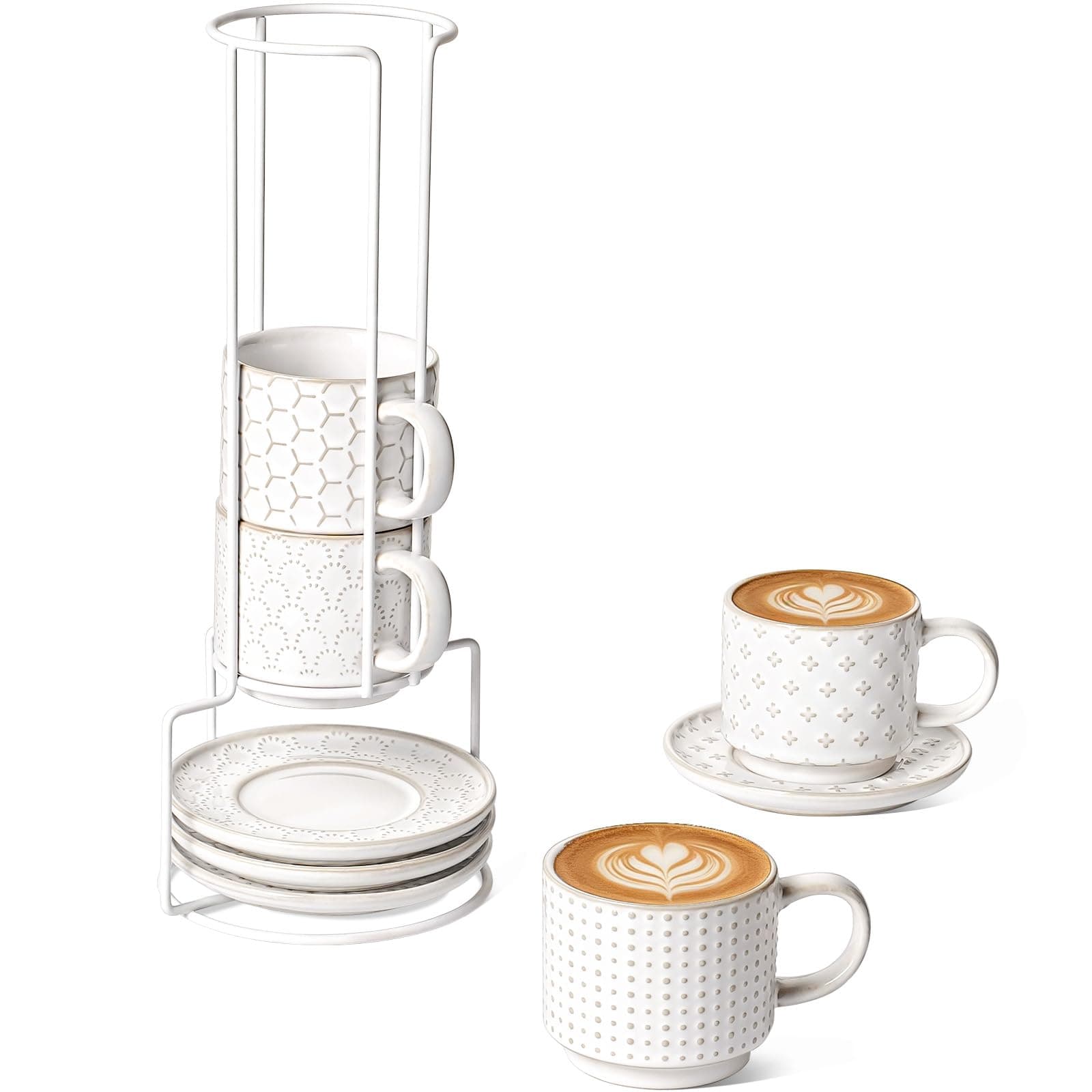 6 oz Stackable Cappuccino Cups with Saucers and Stand, Set of 4, Ceramic Coffee Cup Set for Flat White, Tea, Americano, Dishwasher & Microwave Safe - Embossed White