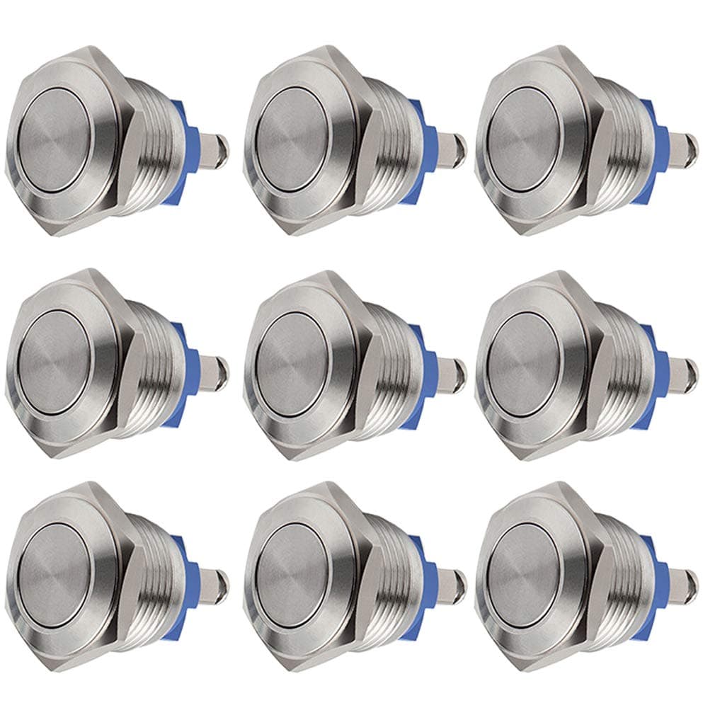 9-Pack 16mm Momentary Push Button Switch 1NO SPST Stainless Steel Waterproof Switch