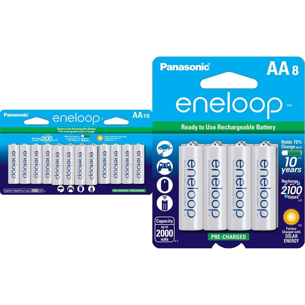 Panasonic BK-3MCCA16FA eneloop AA 2100 Cycle Ni-MH Pre-Charged Rechargeable Batteries & BK-3MCCA8BA eneloop AA 2100 Cycle Ni-MH Pre-Charged Rechargeable Batteries, 8 Pack