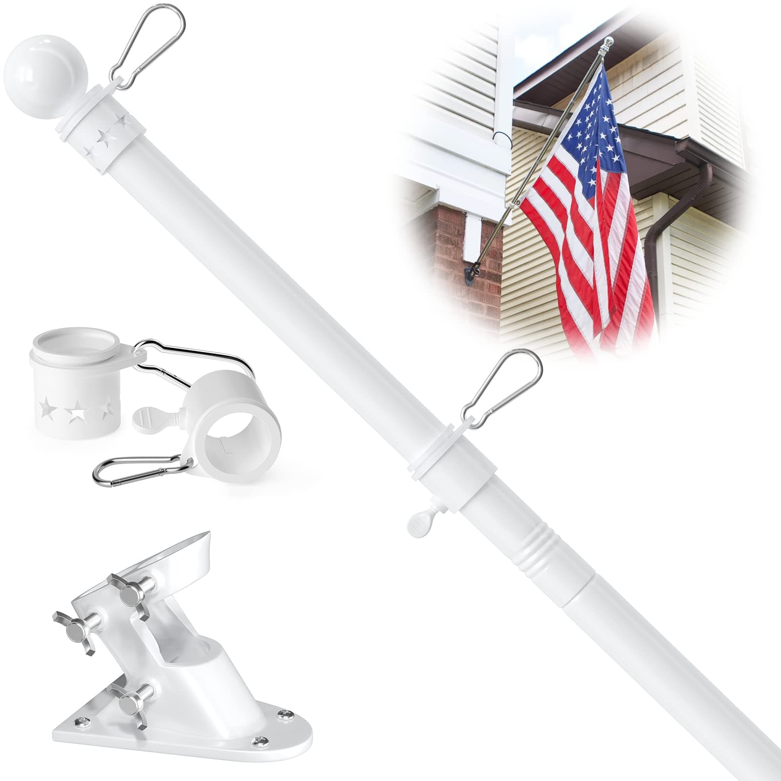 7FT Long Flag Poles, White Flag Pole Kit for Pride Flag Outdoor, Stainless Steel Pole Holder and Tangle Free Flagpole Rings Set, Portable or Bracket Mount for House Boat RV Truck Porch, Lightweight