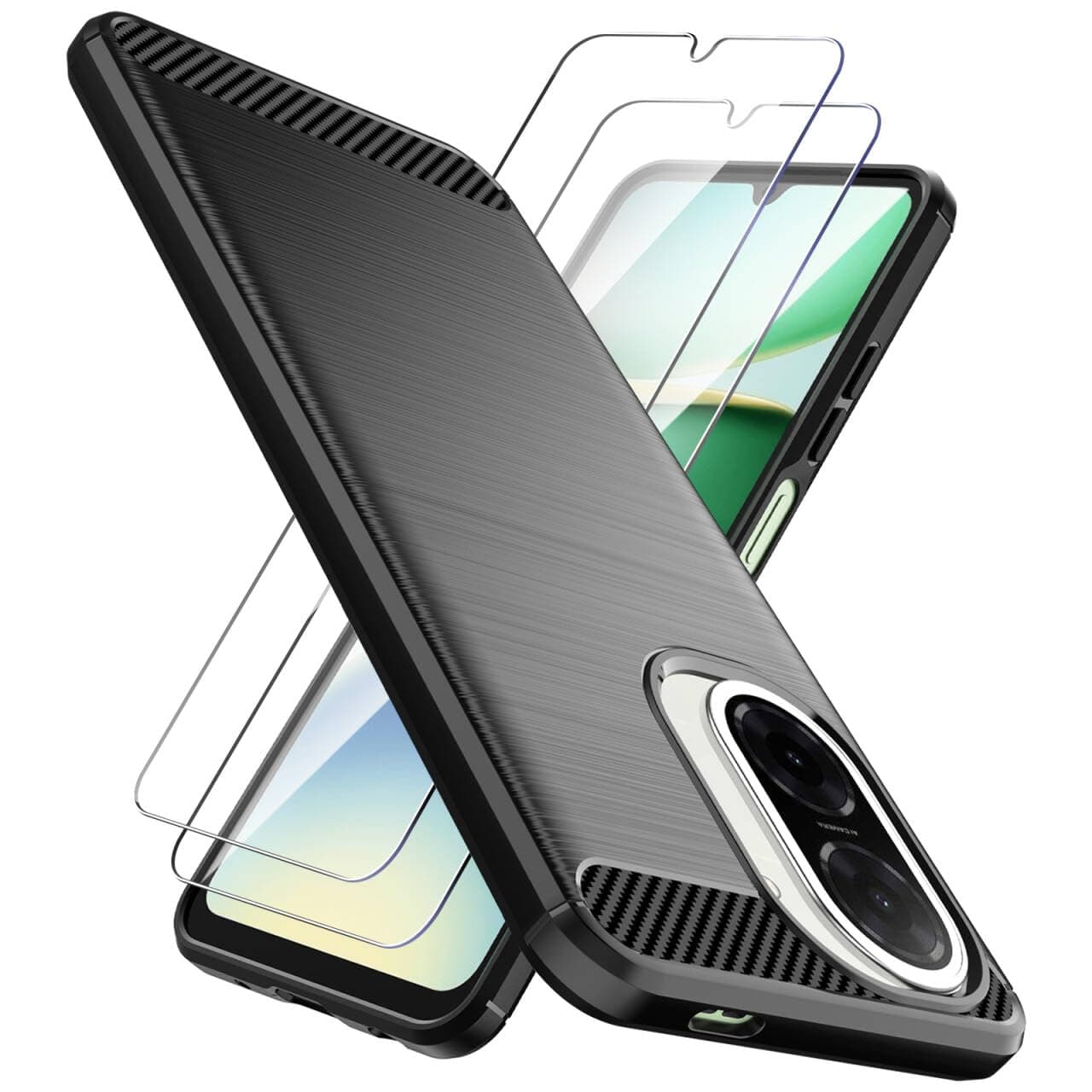 Case for Xiaomi Redmi A5 4G with [2 Pack] Screen Protectors, Military-Grade Shockproof Phone Case, [Carbon Fiber Texture] Soft Flexible TPU Slim Anti-Scratch Cover Case,Black