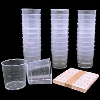 60 Pcs Plastic Graduated Cups, 30ml/1oz Clear Scale Cups with 50 Pcs Wooden Stirring Sticks for Epoxy, Resin, Stain, Mixing Paint
