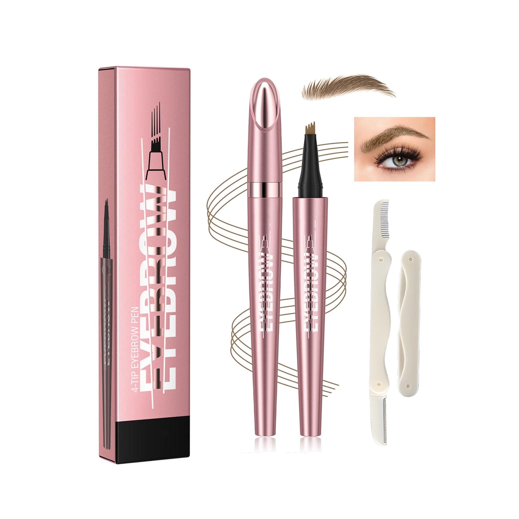 New 4 Tip Eyebrow Pencil, Magic Liquid Microblade Brow Pen, Waterproof Long-Lasting Light Brown Brow Tint, Natural Hair-Like Strokes for Defined Contouring Brows Includes Eyebrow Razor