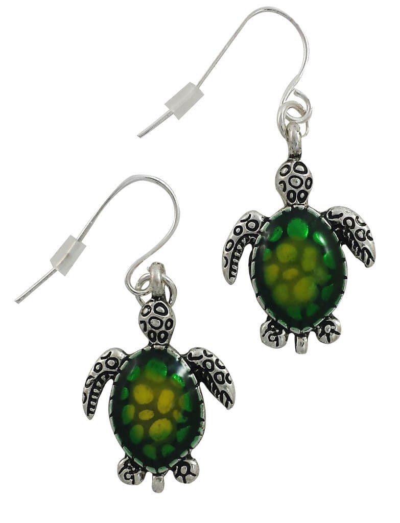 Enameled Sea Turtle Dangle Earrings Green Silver Tone