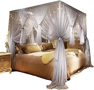 Nattey Gray Canopy Bed Curtains King Size - 4 Opening Mosquito Net Cozy Bed Drapes Bedroom Decoration