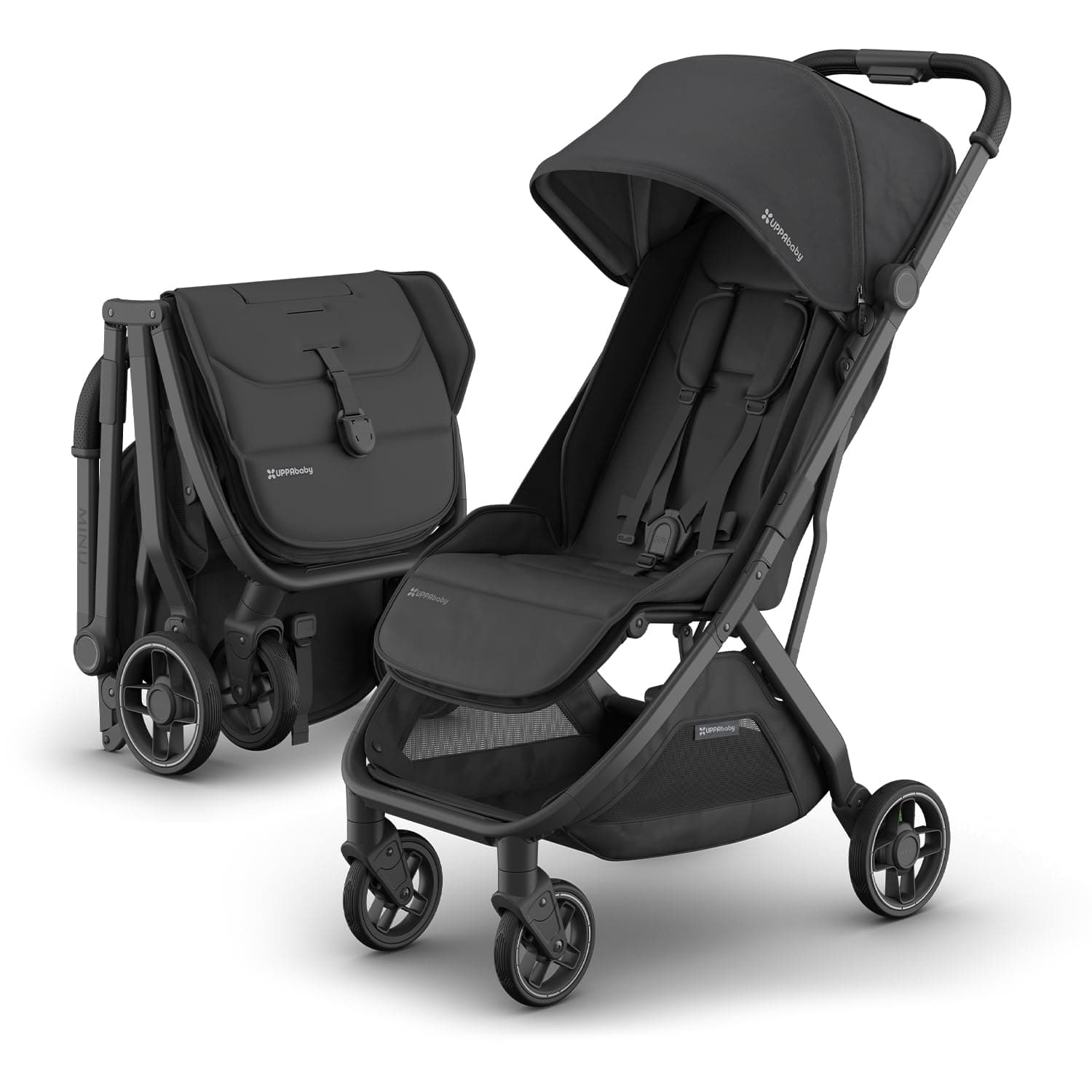 Minu V3 Travel Stroller | Lightweight + Compact Design | One-Hand Fold + Unfold | from Birth + Overhead Compatible | Jake (Charcoal/Carbon Frame/Black Leather)