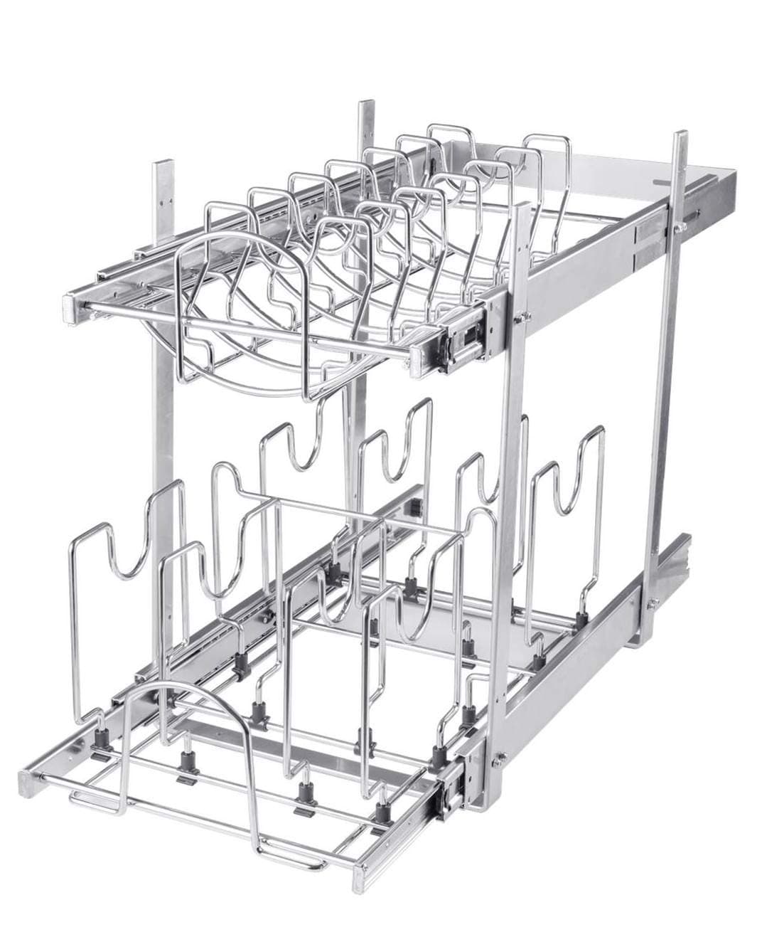 Pull Out Cabinet Base Organizer Pull-Out 2-Tier Base Cabinet Cookware Organizer (12 Inches) for Pots, Pans, and Lid Cookware, Chrome