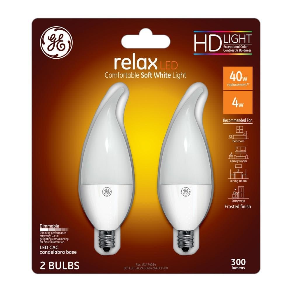 GE40W Equivalent Soft White (2700K) High Definition CA10 Bent Tip Frosted Candelabra Base Dimmable LED Light Bulb (2-Pack)