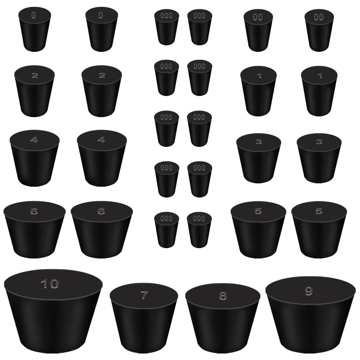 smseace 30pcs 000#-10# Black Solid Rubber Stopper 13 Sizes Tapered Shaped Stoppers Plug for Sealing Sewer Pipes，Chemical Test Tubes (D-048-13S)