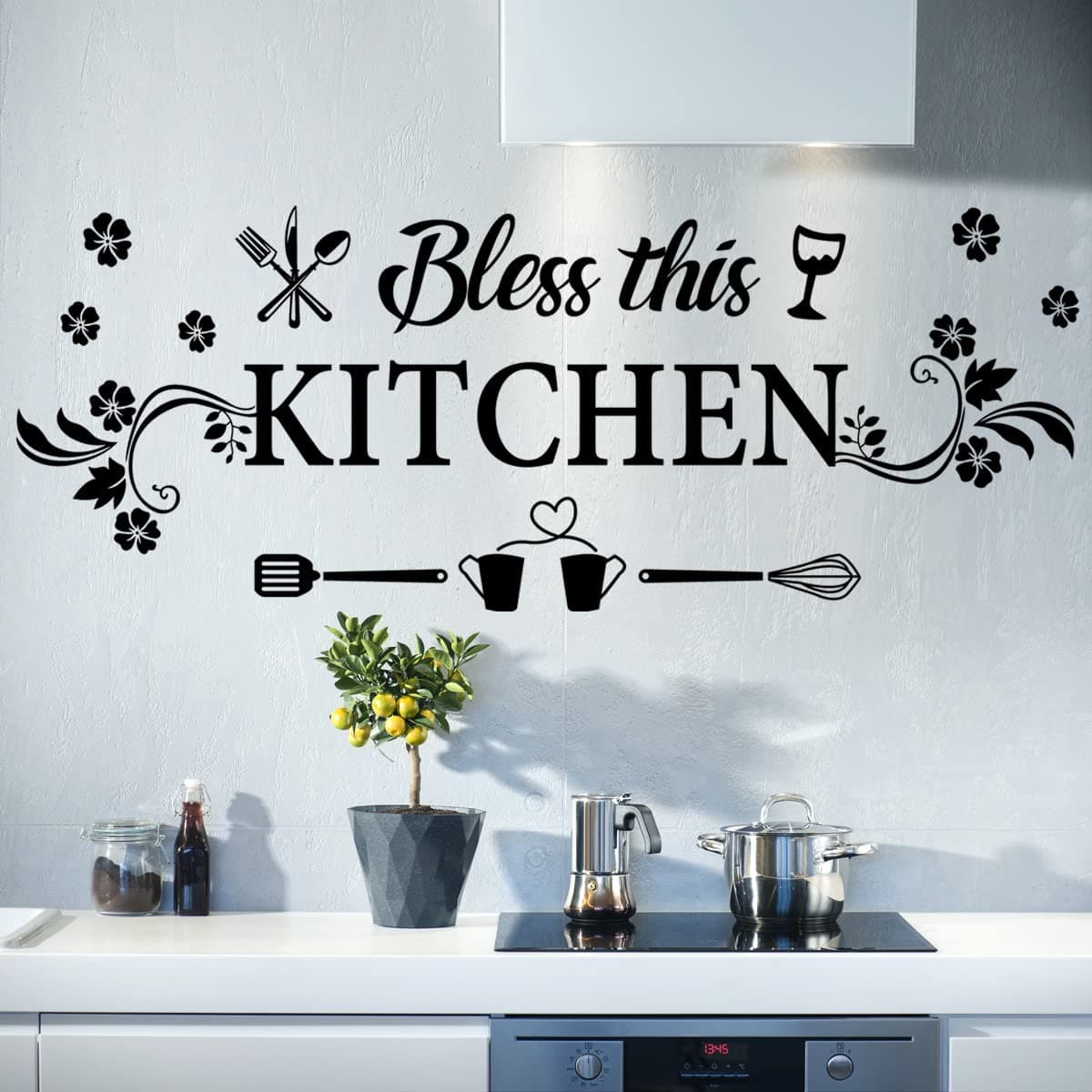 Kitchen Quotes Wall Decor Sticker - Bless This Kitchen Decals With Flower Art - Removable DIY Vinyl Stickers for Dining, Baking Room, Bar, Restaurant, Home Decor