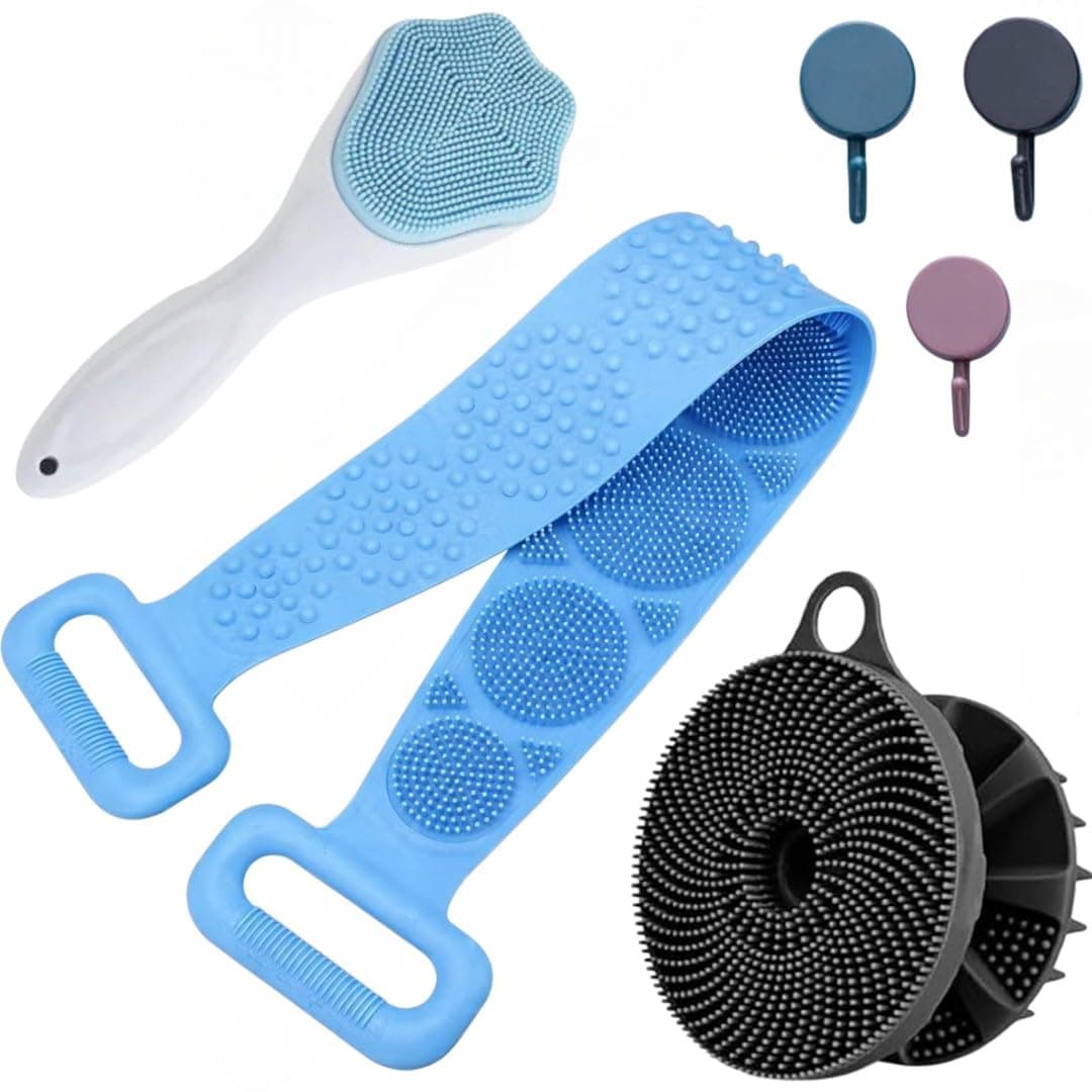 Silicone Body Scrubber Combo for Bath | Soft Exfoliating Back Scrubber Belt, Hand & Face Scrubber | Deep Cleansing, Massage & Dead Skin Removal | Men & Women (6 IN 1 BATH BRUSH.)