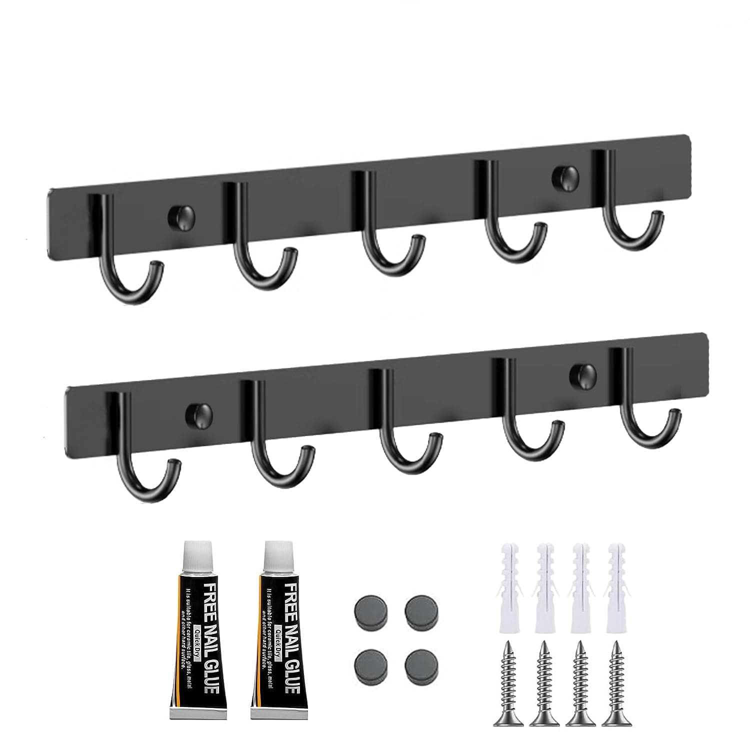 Ompinda Coat Rack Hook Wall Mounted, 2 Pcs Heavy Duty Stainless Steel Coat Hanger Wall Mount with 5 Hooks for Hanging Coat, Hat, Bag, Towel (Black)