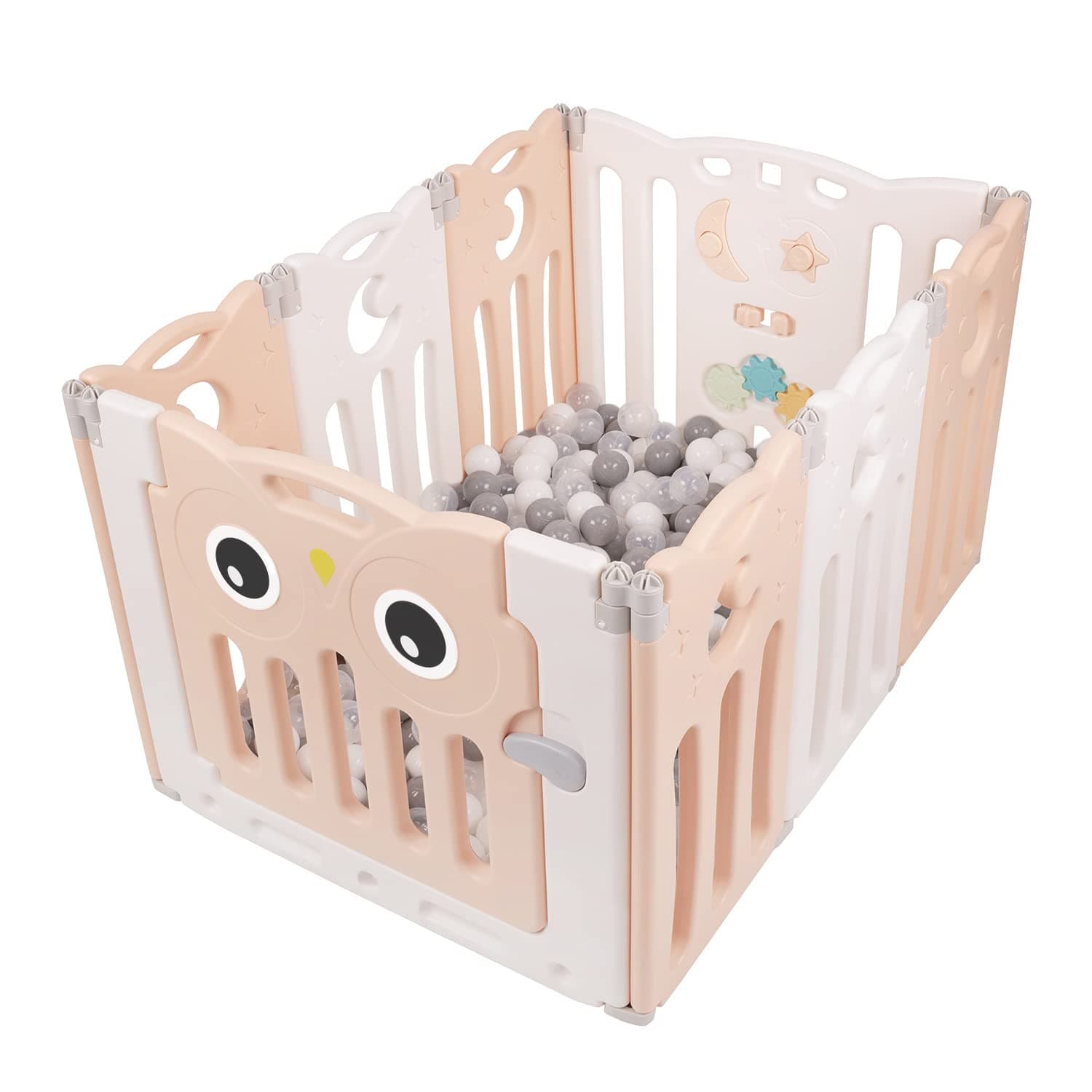 Selonis Playpen Box Foldable 8 Panels/100 Balls Plastic Colourful for Children, White-Pink:White/Grey/Transparent