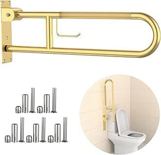 Toilet Grab Bar 30.3 Inch, YuanDe Flip Up Grab Bar with Paper Holder, Brushed Gold Anti-Slip Safety Bars for Toilet, Stainless Steel Knurled Toilet Handles for Seniors Disabled Elderly Pregnant