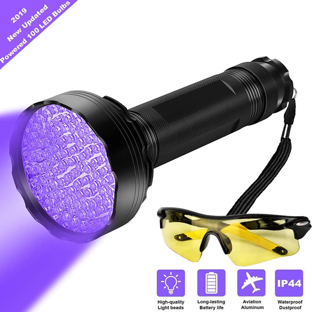 UV Black Light Flashlight, Super Bright 100 LED Best Pet Dog Cat Urine Detector light Flashlight for Pet Urine Stains, UV Blacklight Flashlight with UV Sunglasses for Bed Bugs Scorpions, Home Hotel