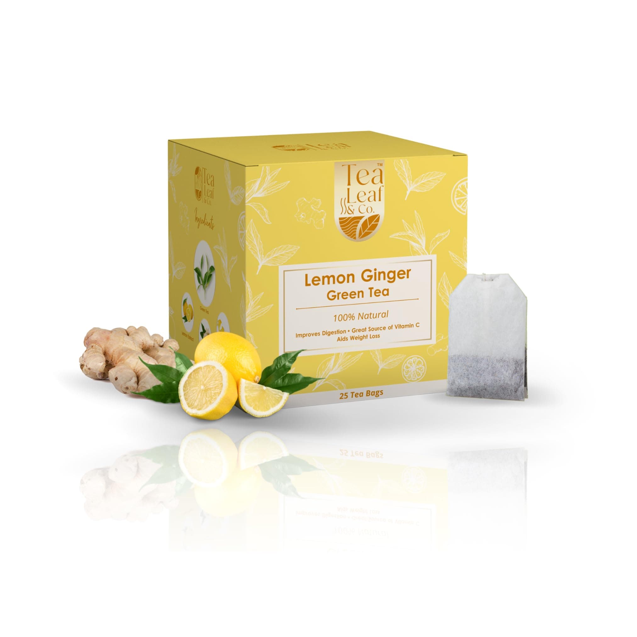 Tea Leaf & Co. Lemon Ginger Green Tea | Immunity Booster with Natural Lemongrass & Ginger | Detox & Digestion Support | Refreshing Flavour Green Tea | Farm Fresh & Pure 25 Green Tea Bags