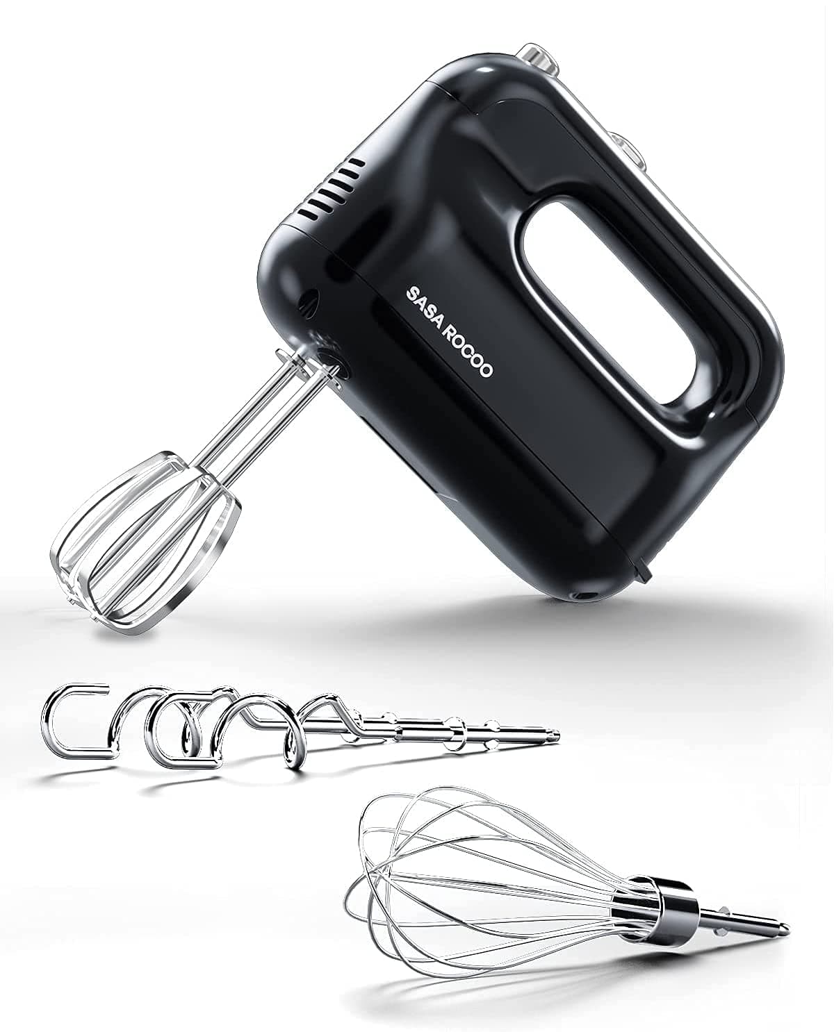 Hand Mixer Electric, SASA ROCOO Handheld Kitchen Mixer with Eject Button, 5 Speed & 5 Stainless Steel Accessories, 150W Egg Beaters and Blender for Easy Whipping Cake, Cream, Batters, Cookies