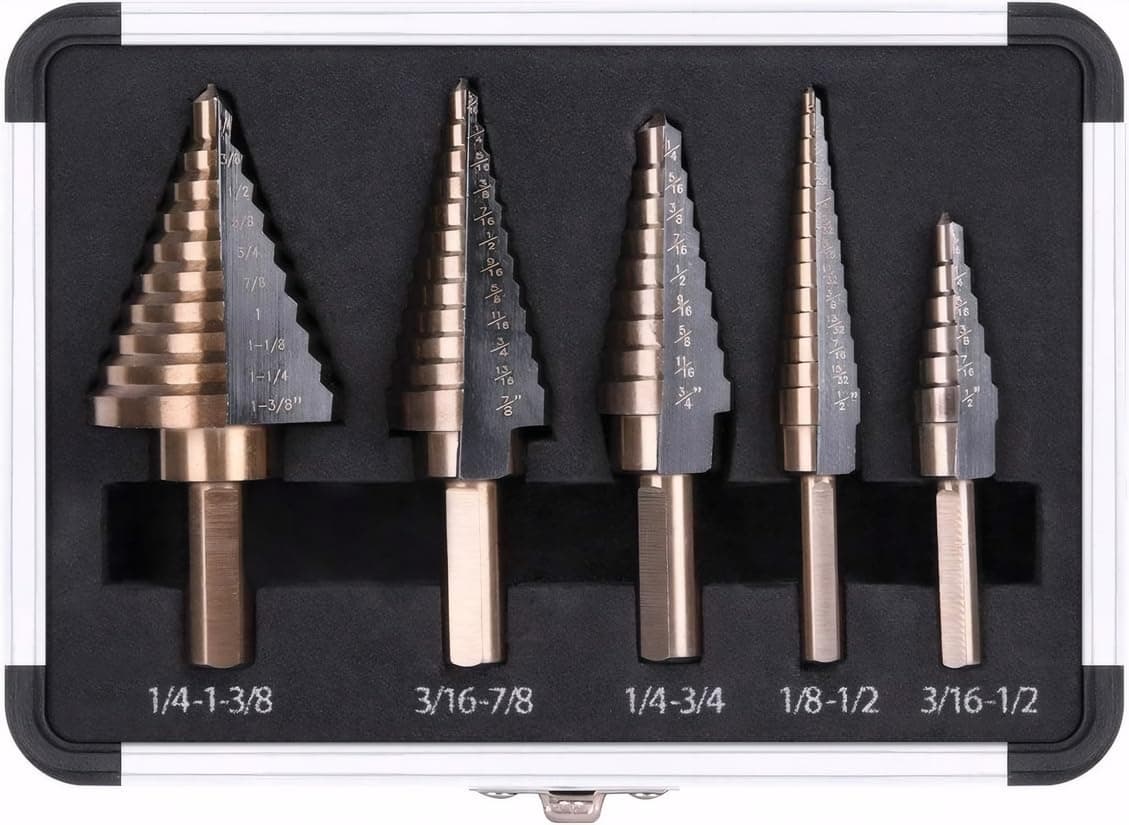 5PCS Step Drill Bit Set | Titanium High-Speed Steel (HSS) Stepper Cone Drill Bit | Covering 50 Sizes(1/8''-1 3/8''), 135 Degree Point, with Aluminum Case