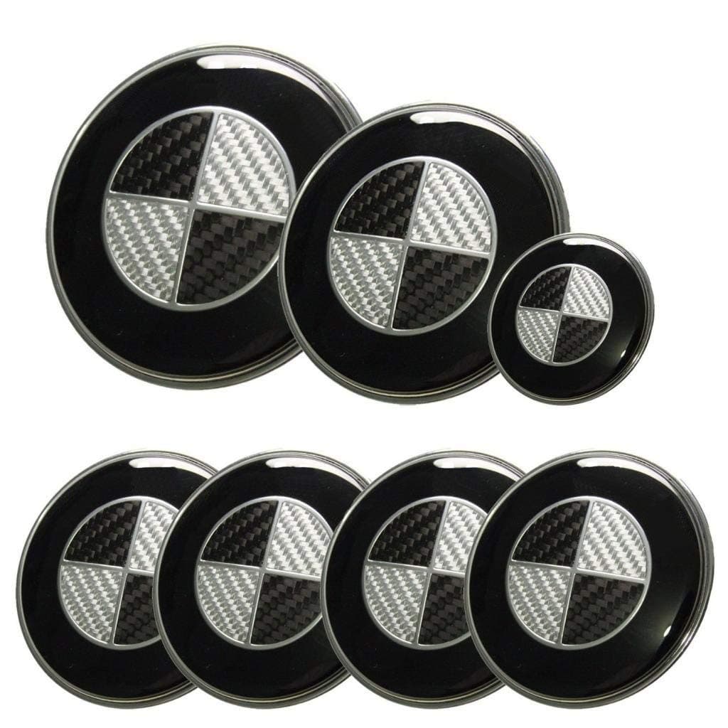 New Set 7pcs Black White Carbon Round Emblems 82mm+73mm+68mm+44mm Replacement Logo Design Emblem Compatible Fit For Car Model E30 E36 E34 E60 E65 E38 X3 X5 X6 3 4 5 6 7 8 Series