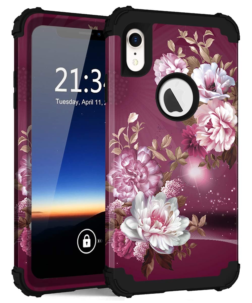 Hocase for iPhone XR Case, Heavy Duty Shockproof Protection Soft Silicone Rubber+Hard Plastic Bumper Hybrid Dual Layer Protective Case for iPhone XR (6.1-inch) 2018 - Royal Purple Flowers
