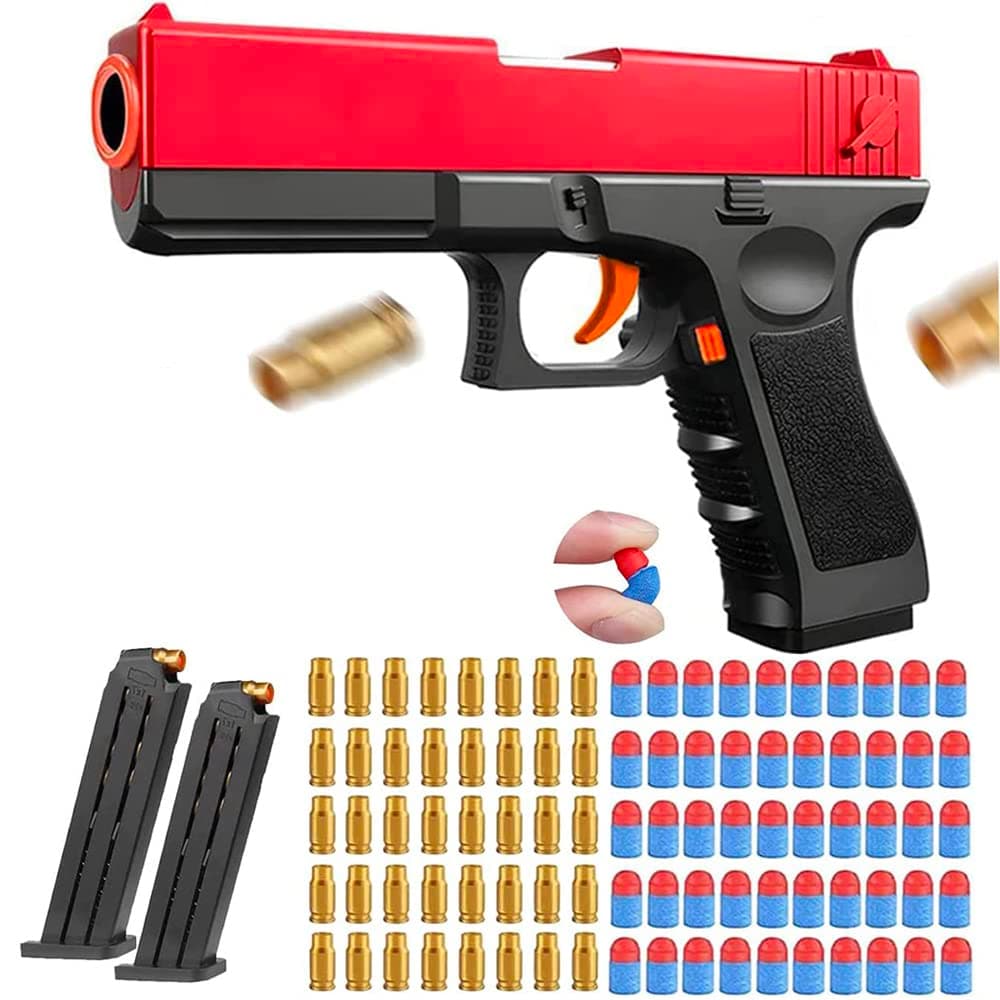 Red Soft Bullet Toy Gun with Shell Ejection & Pull Back Action - Foam & Safe Blaster - Education Model for Kids & Adults - 2 Magazines and Soft Bullets