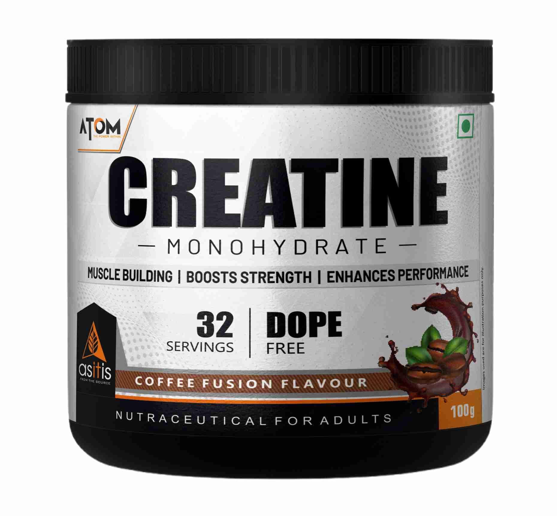 AS-IT-IS ATOM Creatine Monohydrate 100g - 32 Servings | Dope Free | Enhances Performance | Promotes Muscle Gains | coffee fusion Flavour