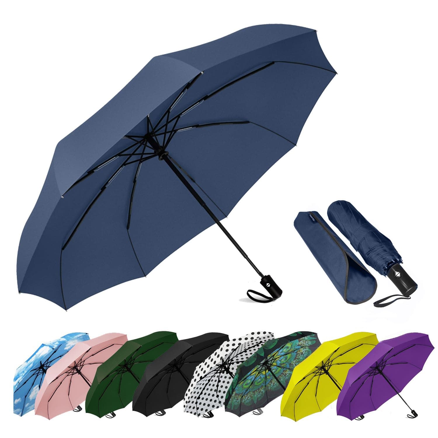 SIEPASA Windproof Travel Umbrella - Automatic Compact Folding Umbrella for Rain, Small Portable Windproof Umbrellas for Men Women and Teenagers (Navy Blue)