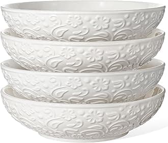 Artena Pasta Bowls 32oz, Ceramic Large Salad Bowls 8 inch, White Embossed Soup Bowl Set of 4 for Serving， Entertaining, Wide Shallow Dinner Bowls, Microwave Dishwasher Oven Safe (Flower)