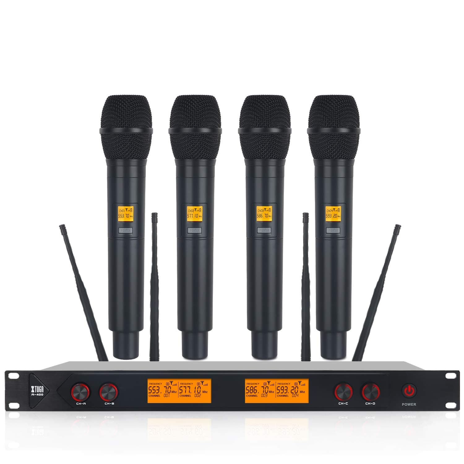 XTUGA A400 Metal Material 4-Channel UHF Wireless Microphone System with 4 Hand-held for Stage Church Use for Family Party, Church, Small Karaoke Night (B)