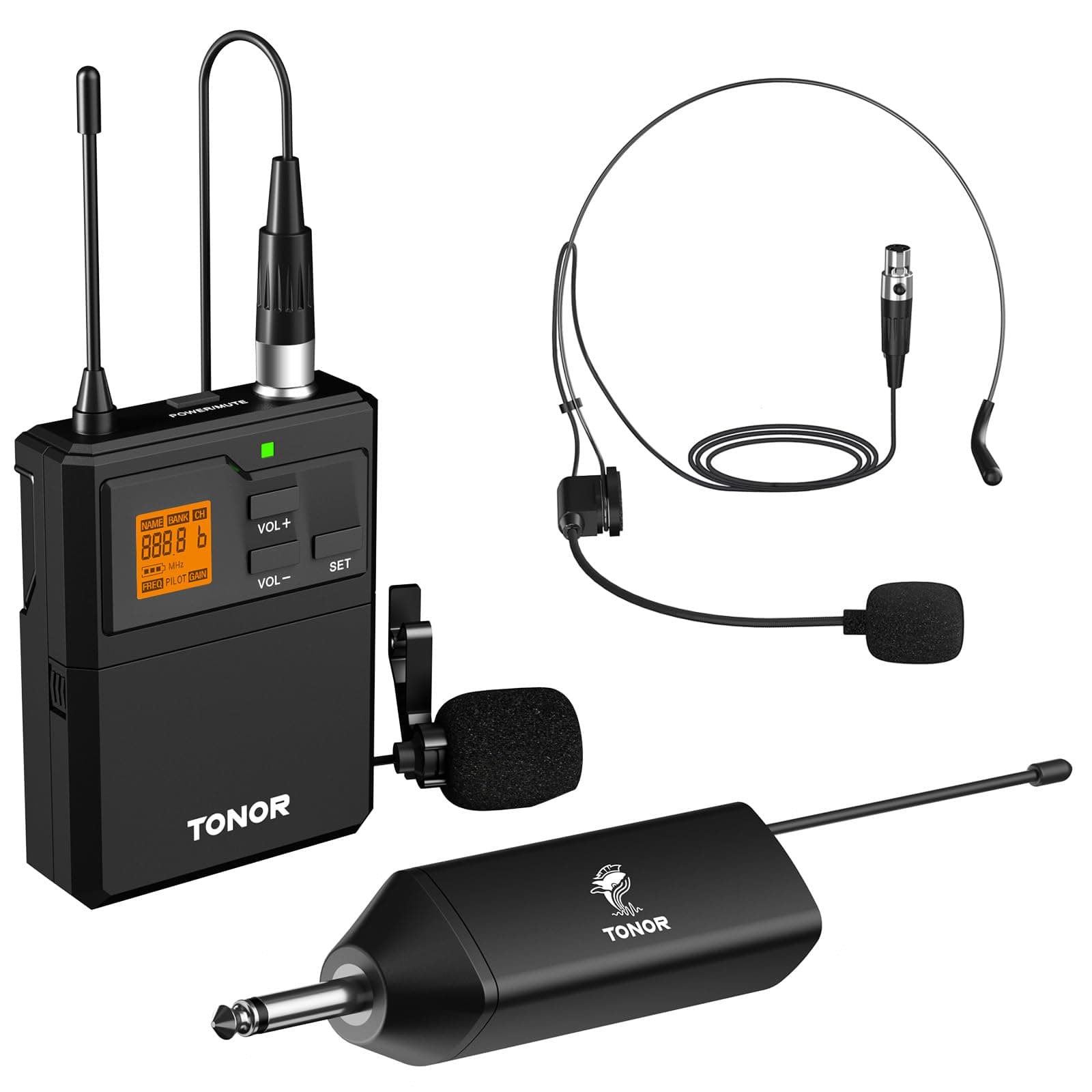 TONOR UHF Wireless Microphone with Microphone Headband/Lavalier Lapel Pocket Mic, Bodypack Transmitter and Mini Receiver 1/4 Inch Output, 60M for Live Performances Meetings Church Speech
