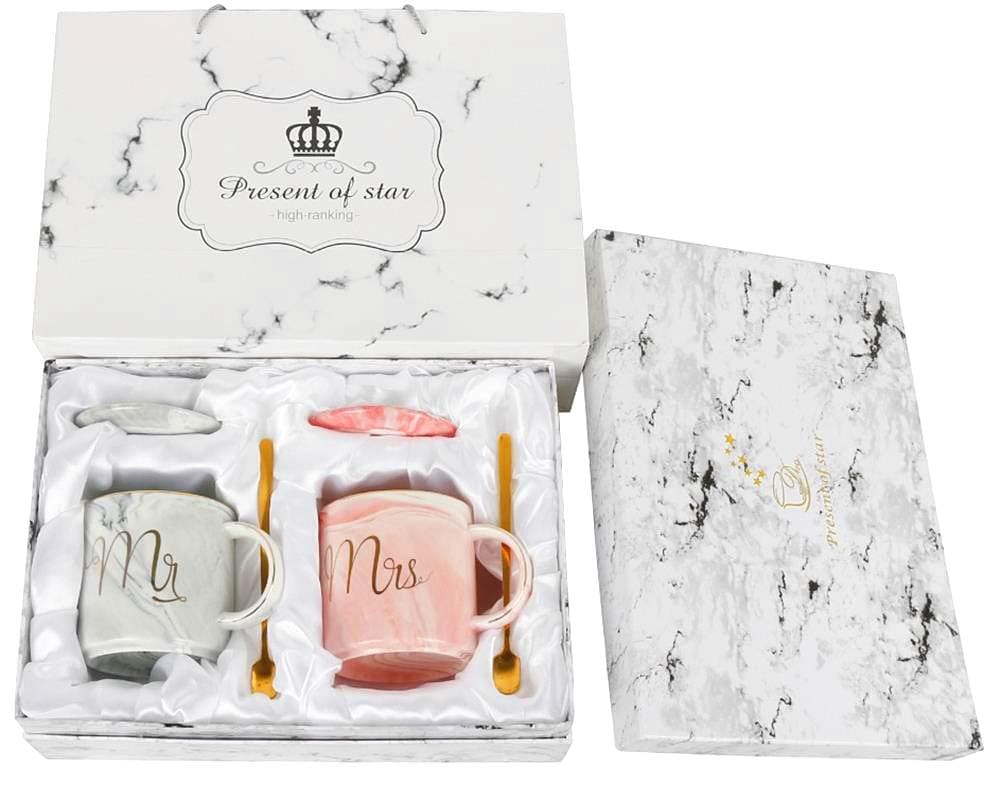 Mr and Mrs Couples Mugs Ceramic Coffee Mug Set with Gift Box- Unique Elegant Wedding Gift for Bride and Groom/Bridal Shower Engagement Wedding and Married Anniversary - Marble Design 11.5oz