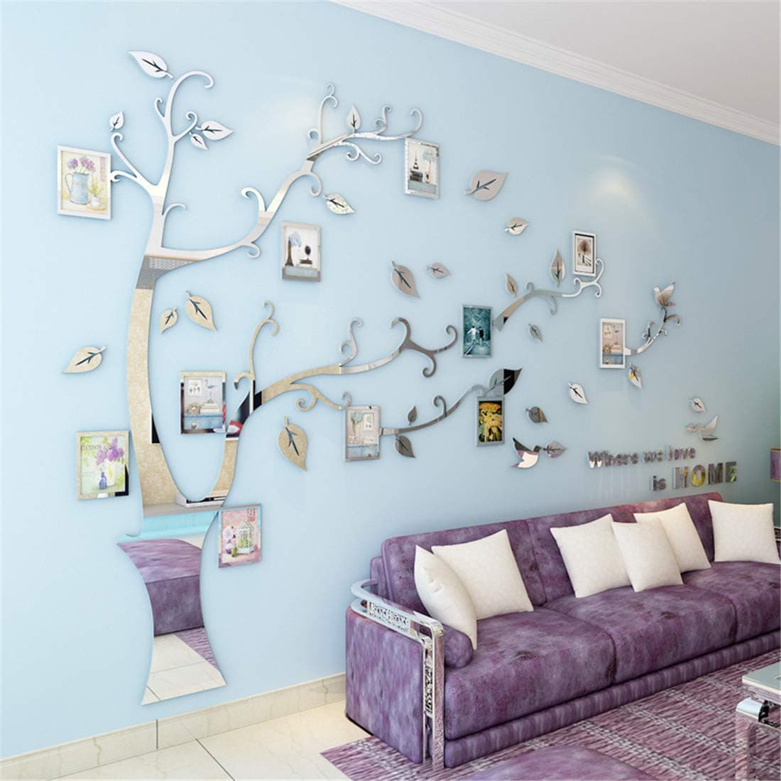 3D Tree Wall Stickers - DIY Photo Frame Tree Wall Decal Family Photo Frame Sticker Murals Wall Decor Living Room Bedroom TV Background Home Decorations (L:91 * 69in,Silver Right)