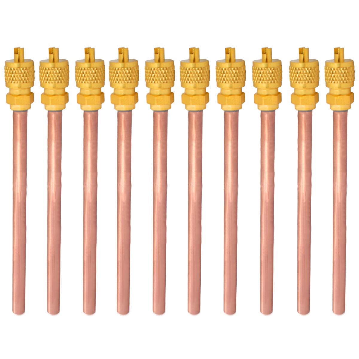 Gekufa Service Access Valve 1/4’’ with Core & Cap Stem Remover, Filling Access Valve for Air Conditioner Refrigerant System, 1/4" SAE x 1/4" OD x 4" stem (Pack of 10)